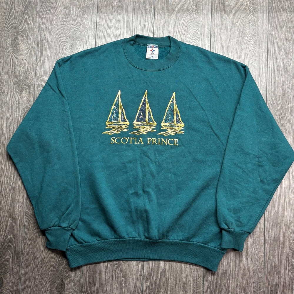 Vintage Jerzees Scotia Prince Sailboat Sweatshirt Mens XL Teal Green 90s USA